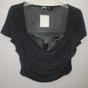 Hesperus Cowl Neck Mesh Crop Top Women XL Black Corset Hem Witchy Whimsigoth Y2K